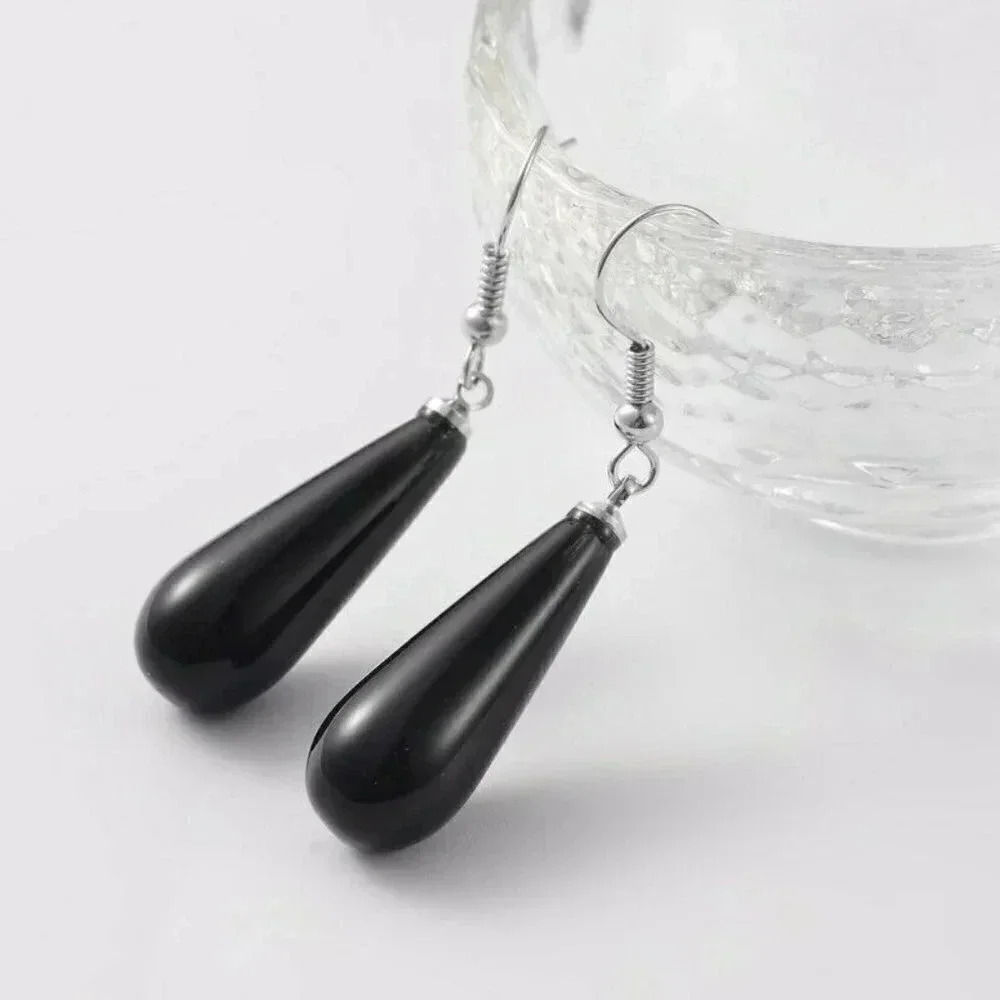 Handcrafted Minimalist Teardrop Black Onyx Natural Gemstone Pendant Earrings 29$